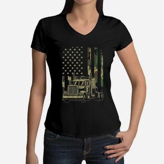 Vintage Trucker Camouflage American Flag Truck Driver Women V-Neck T-Shirt - Seseable