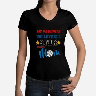 Volleyball Mom My Favorite Volleyball Star Women V-Neck T-Shirt - Seseable