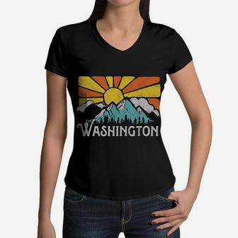 Washington Retro Mountains Sun Eighties Vintage Graphic Women V-Neck T-Shirt - Seseable