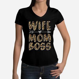 Wife Mom Boss Funny Gift Leopard Women V-Neck T-Shirt - Seseable