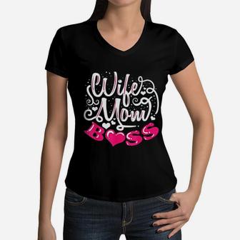Wife Mom Boss Funny Mom Mothers Day Gift Women V-Neck T-Shirt - Seseable