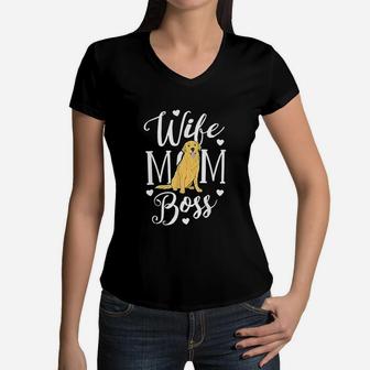 Wife Mom Boss Golden Retriever Dog Mama Mother Puppy Women V-Neck T-Shirt - Seseable