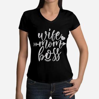 Wife Mom Boss Mother Day Varsity Women V-Neck T-Shirt - Seseable
