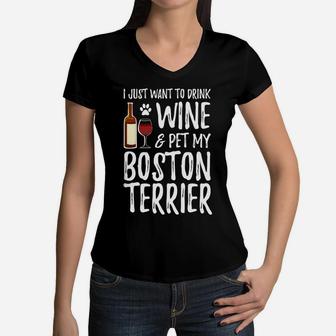 Wine And Boston Terrier For Boston Terrier Dog Mom Women V-Neck T-Shirt - Seseable