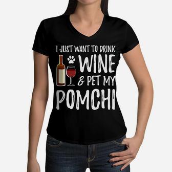 Wine And Pomchi For Pomchi Dog Mom Women V-Neck T-Shirt - Seseable