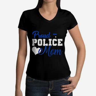 Women Proud Police Mom Thin Blue Line Police Officer Mom Women V-Neck T-Shirt - Seseable