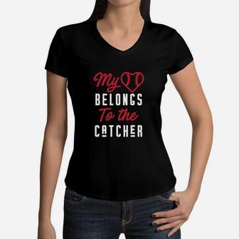 Womens Baseball Mom Heart Belongs To The Catcher Women V-Neck T-Shirt - Seseable