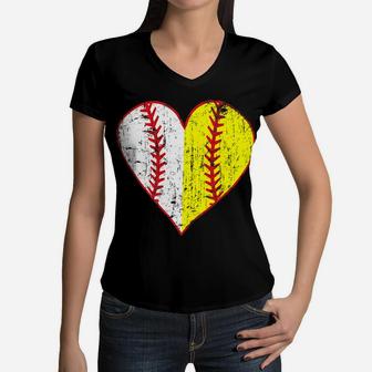 Womens Primitive Play Ball Love Baseball Softball Mom Heart Women V-Neck T-Shirt - Seseable