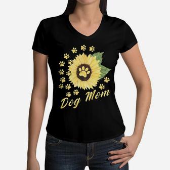 Womens Sunflower Dog Mom Paw Funny Gift For Dog Mom Women V-Neck T-Shirt - Seseable