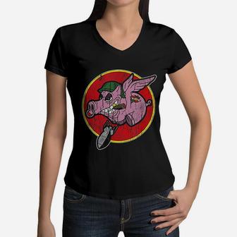 Wwii Vintage Insignia Flying Pig Military Retro Patch Women V-Neck T-Shirt | Seseable UK