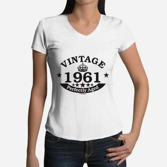 60th Birthday Gift Vintage 1961 Perfect Aged Crown Women V-Neck T-Shirt - Seseable