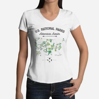 62 National Parks Map Gifts Us Park Vintage Camping Hiking Women V-Neck T-Shirt - Seseable