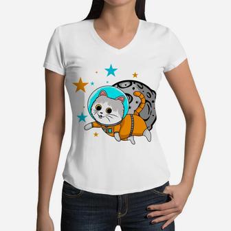A Cute Cat Astronaut Flying In Space Cartoon Gift Women V-Neck T-Shirt - Seseable