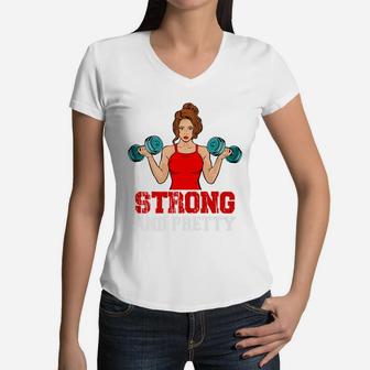 A Strong And Pretty Gymnastic Girl With Dumbbell Women V-Neck T-Shirt - Seseable