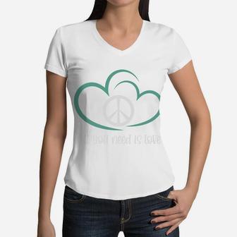 All You Need Is Love Peace Sign Hippie Heart Women V-Neck T-Shirt - Seseable