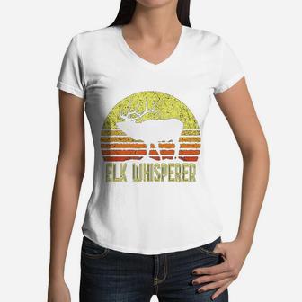 American Elk Hunter Dad Vintage Retro Sun Bow Hunting Gift Women V-Neck T-Shirt - Seseable