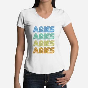 Aries Vintage Retro Zodiac Sign Aries Constellation Gift Women V-Neck T-Shirt - Seseable