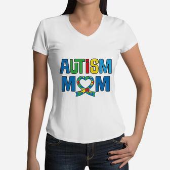 Awareness Mom Puzzle Ribbon Women V-Neck T-Shirt - Seseable