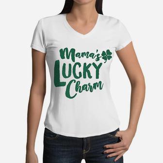 Baby Mamas Lucky Charm Funny Irish Shamrock Saint Patricks Day Women V-Neck T-Shirt - Seseable