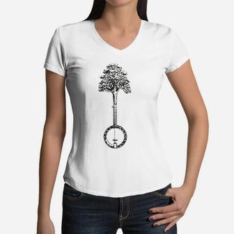 Banjo Tree Minimalist Design Vintage Nature And Music Graphic Women V-Neck T-Shirt - Seseable