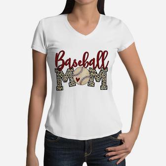 Baseball Mom Leopard Women V-Neck T-Shirt - Seseable