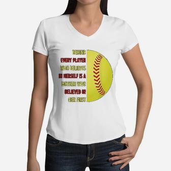 Behind Every Player Is A Mother Softball Gift Mother Day Women V-Neck T-Shirt - Seseable