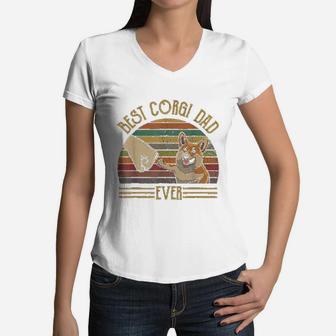 Best Corgi Dad Ever Retro Vintage Sunset Women V-Neck T-Shirt - Seseable