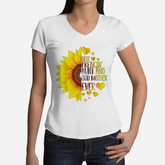 Best Freakin Aunt Godmother Ever Sunflower Women V-Neck T-Shirt - Seseable