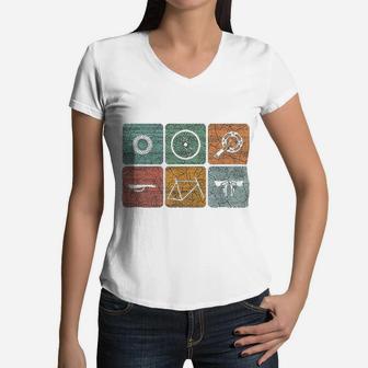 Biking Cycling Vintage Bicycle Parts Cyclist Gifts Women V-Neck T-Shirt - Seseable