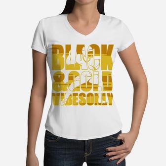 Black And Gold Game Day Football Sport Gift Women V-Neck T-Shirt - Seseable