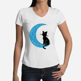 Black Cat Crescent Moon Sailor Mom Women V-Neck T-Shirt - Seseable