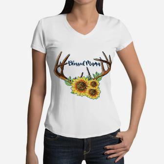 Blessed Mama Sunflower Antler Women V-Neck T-Shirt - Seseable