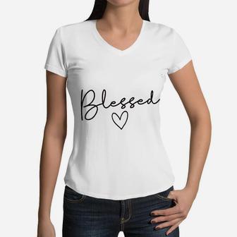Blessed Mom Blessed Love Heart Mother Women V-Neck T-Shirt - Seseable