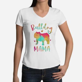 Bulldog Mama Colorful English Bulldog Gifts Women V-Neck T-Shirt - Seseable