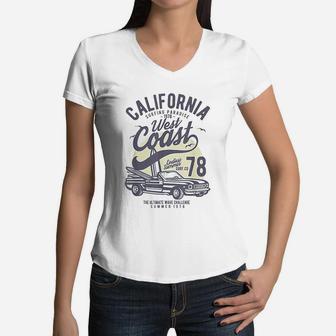 California West Coast Vintage Surf Beach Vacation Gift Women V-Neck T-Shirt - Seseable