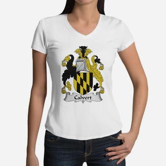 Calvert Family Crest / Coat Of Arms British Family Crests Women V-Neck T-Shirt - Seseable