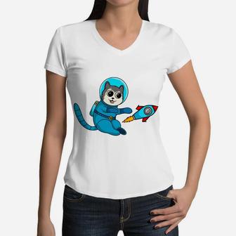Cartoon Cat Astronaut Amazing Cat Pet Playing In Space Women V-Neck T-Shirt - Seseable