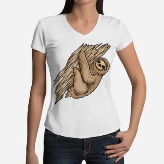 Cartoon Design Sloth Lovers Gift Cute Animals Women V-Neck T-Shirt - Seseable