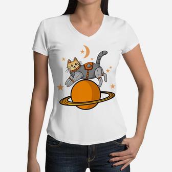 Cat Astronaut Flying In Space Cartoon Idea Pet Gift Women V-Neck T-Shirt - Seseable