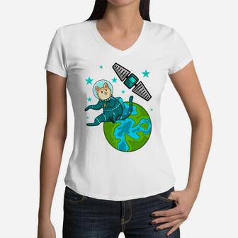 Cat Astronaut Green Space Cute Pet Gifts Women V-Neck T-Shirt - Seseable