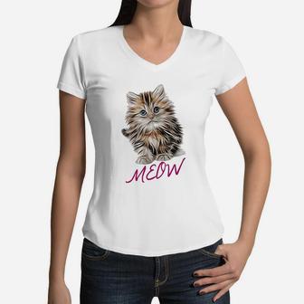Cat Meow Kitty Funny Cats Mom And Cat Dad Gift Women V-Neck T-Shirt - Seseable