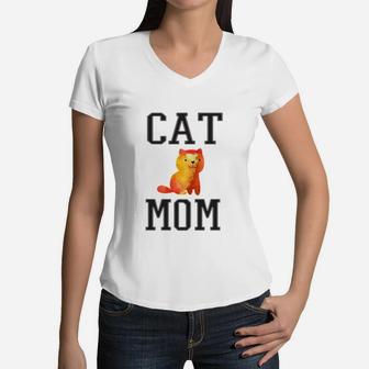 Cat Mom Orange Tabby Family Gift Women V-Neck T-Shirt - Seseable