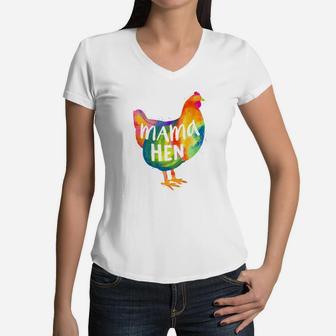 Chicken Mama Hen Mother Mom Colorful Farm Chicken Women V-Neck T-Shirt - Seseable