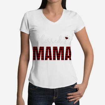Christian Blessed Mama Trendy Buffalo Plaid Cross Women V-Neck T-Shirt - Seseable