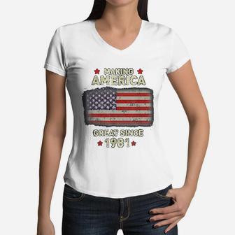 Cool 1981 Vintage Birthday American Flag Women V-Neck T-Shirt - Seseable