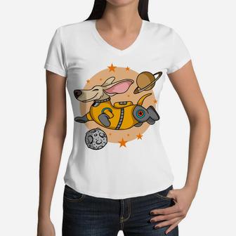 Corgi Flying In Space Cartoon Astronaut Gift Idea Women V-Neck T-Shirt - Seseable