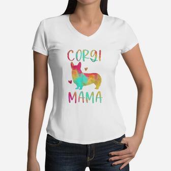 Corgi Mama Colorful Welsh Corgi Gifts Dog Mom Women V-Neck T-Shirt - Seseable