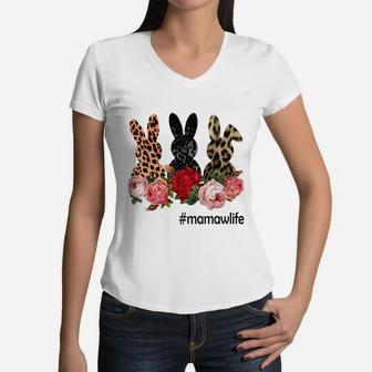 Cute Bunny Flowers Mamaw Life Happy Easter Sunday Floral Leopard Plaid Women Gift Women V-Neck T-Shirt - Seseable
