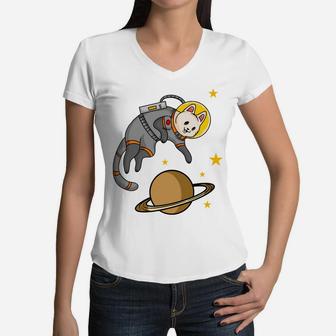 Cute Cat Astronaut Cartoon Pet Gift For Pet Lovers Women V-Neck T-Shirt - Seseable