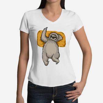 Cute Sloth Relaxing Funny Cartoon Gift Idea Women V-Neck T-Shirt - Seseable